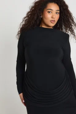 Robe Maxi Grande Taille à Épaulettes et Manches Longues avec Détail de Jupe Drapée