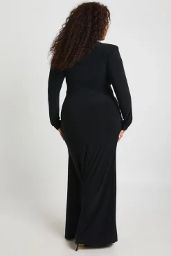 Robe Maxi Grande Taille à Épaulettes et Manches Longues avec Détail de Jupe Drapée