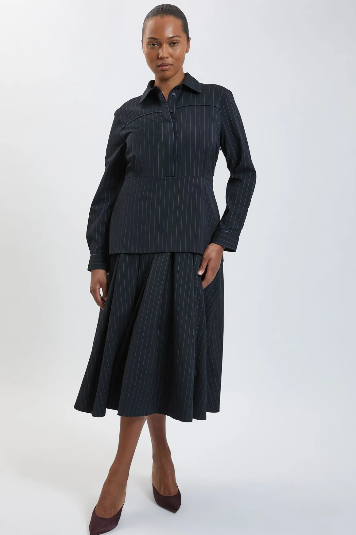 Robe Maxi Grande Taille À Rayures Fines Et Col Tailleur
