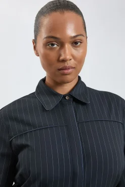 Robe Maxi Grande Taille À Rayures Fines Et Col Tailleur