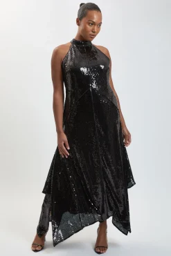 Robe Maxi Grande Taille À Sequins Col Licou Et Ourlet Mouchoir