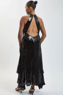 Robe Maxi Grande Taille À Sequins Col Licou Et Ourlet Mouchoir