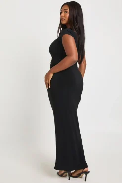 Robe Maxi Grande Taille à Taille Froncée avec Détails de Finition et Manches Courtes