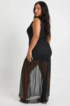 boohoo Robe Maxi Grande Taille À Taille Froncée Et Jupe Transparente<Femme Robes|Robes De Soirée Chic