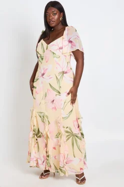 Robe Maxi Grande Taille À Volants En Mousseline Fleurie Avec Manches Bouffantes