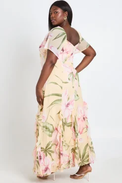 Robe Maxi Grande Taille À Volants En Mousseline Fleurie Avec Manches Bouffantes