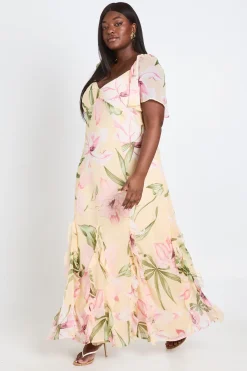 Robe Maxi Grande Taille À Volants En Mousseline Fleurie Avec Manches Bouffantes