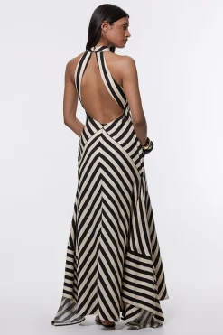 KarenMillen Robe Maxi Halter en Tissu Tissé Mélangé Coton à Rayures Fluides<Femme Robes Mi-Longues|Robes