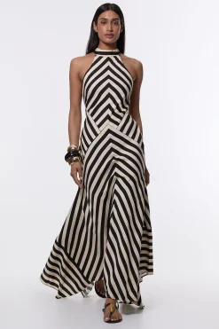 KarenMillen Robe Maxi Halter en Tissu Tissé Mélangé Coton à Rayures Fluides<Femme Robes Mi-Longues|Robes