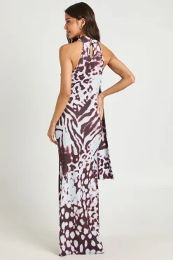 Robe Maxi À Imprimé Animal Abstrait Tonal Avec Détail Foulard