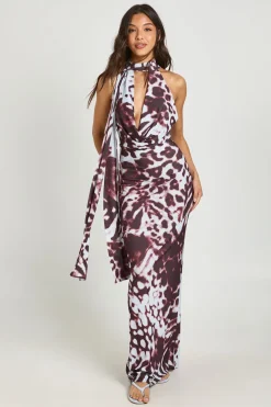 Robe Maxi À Imprimé Animal Abstrait Tonal Avec Détail Foulard