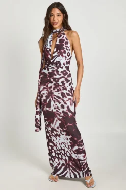 Robe Maxi À Imprimé Animal Abstrait Tonal Avec Détail Foulard