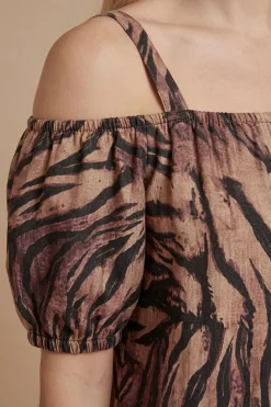 Robe Maxi À Imprimé Animal Épaules Dénudées Bardot Manches Bouffantes À Volants