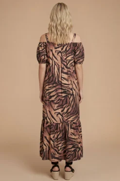 Robe Maxi À Imprimé Animal Épaules Dénudées Bardot Manches Bouffantes À Volants