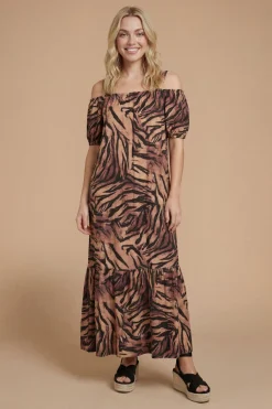 Robe Maxi À Imprimé Animal Épaules Dénudées Bardot Manches Bouffantes À Volants