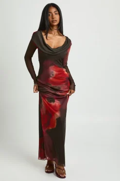Robe Maxi Imprimée À Col Bénitier Large En Mesh Floral