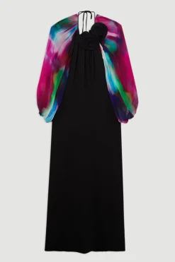 Robe Maxi Imprimée En Cady De Viscose Avec Épaules Dénudées Et Dos Drapé En Georgette De Viscose