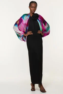 Robe Maxi Imprimée En Cady De Viscose Avec Épaules Dénudées Et Dos Drapé En Georgette De Viscose
