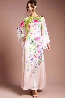 Robe Maxi Imprimée en Satin à Manches Longues