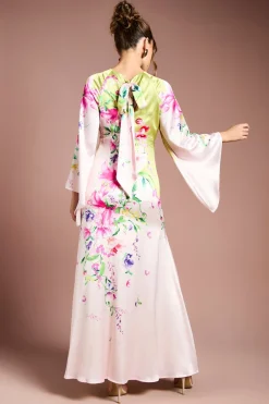 Robe Maxi Imprimée en Satin à Manches Longues