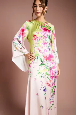 Robe Maxi Imprimée en Satin à Manches Longues