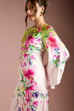 Robe Maxi Imprimée en Satin à Manches Longues