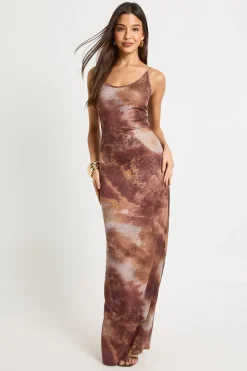 Robe maxi imprimée à sequins thermocollés, décolleté cuillère bas