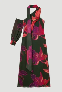 Robe Maxi Imprimée À Une Épaule Ornée