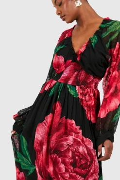Robe maxi à imprimé floral en dobby froncée pour grandes silhouettes