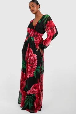 Robe maxi à imprimé floral en dobby froncée pour grandes silhouettes