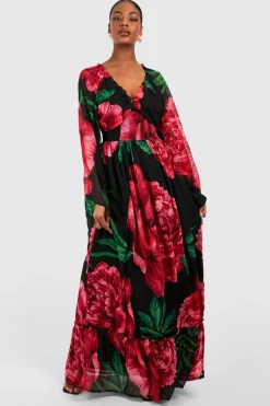 Robe maxi à imprimé floral en dobby froncée pour grandes silhouettes