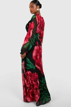 Robe maxi à imprimé floral en dobby froncée pour grandes silhouettes