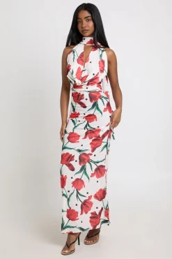 boohoo Robe Maxi À Imprimé Floral Et Pois Ton Sur Ton Avec Détail Foulard<Femme Pois|Robes