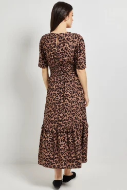 Robe Maxi à Imprimé Léopard avec Corsage Froncé et Détail Boutons Empire