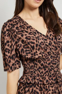 Robe Maxi à Imprimé Léopard avec Corsage Froncé et Détail Boutons Empire
