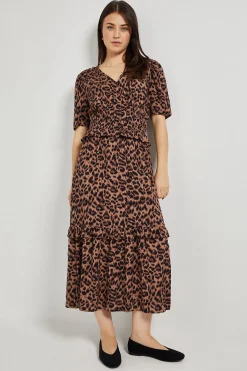 Robe Maxi à Imprimé Léopard avec Corsage Froncé et Détail Boutons Empire