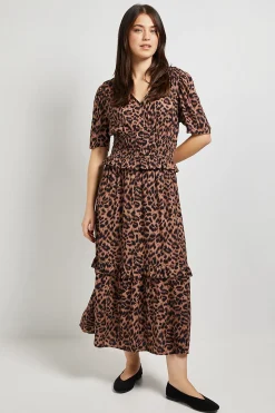 Robe Maxi à Imprimé Léopard avec Corsage Froncé et Détail Boutons Empire