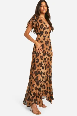 Robe Maxi à Imprimé Léopard en Chiffon Froissé à Manches d’Ange