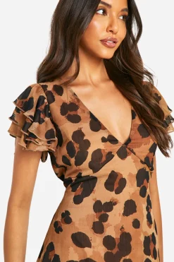 Robe Maxi à Imprimé Léopard en Chiffon Froissé à Manches d’Ange
