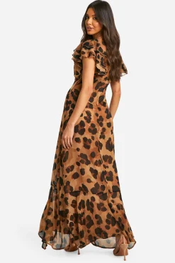 Robe Maxi à Imprimé Léopard en Chiffon Froissé à Manches d’Ange