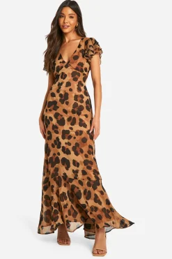 Robe Maxi à Imprimé Léopard en Chiffon Froissé à Manches d’Ange