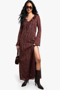 Robe Maxi Jacquard avec Volants et Fente Latérale