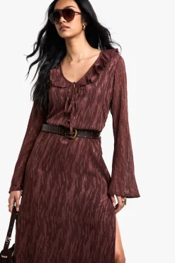 Robe Maxi Jacquard avec Volants et Fente Latérale