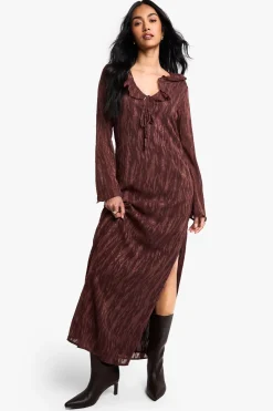 Robe Maxi Jacquard avec Volants et Fente Latérale