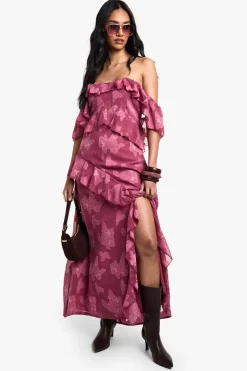 Robe Maxi Jacquard Fleurie à Volants