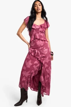Robe Maxi Jacquard Fleurie à Volants