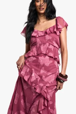 Robe Maxi Jacquard Fleurie à Volants