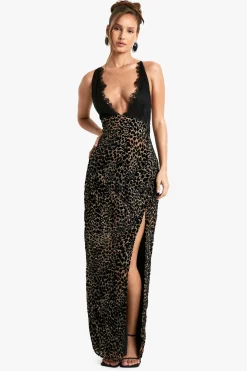 Robe maxi Leopard Devore avec bordure en dentelle