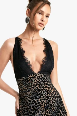 Robe maxi Leopard Devore avec bordure en dentelle