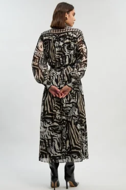 Robe Maxi Longue Ceinturée En Georgette De Viscose Tissée À Imprimé Animal